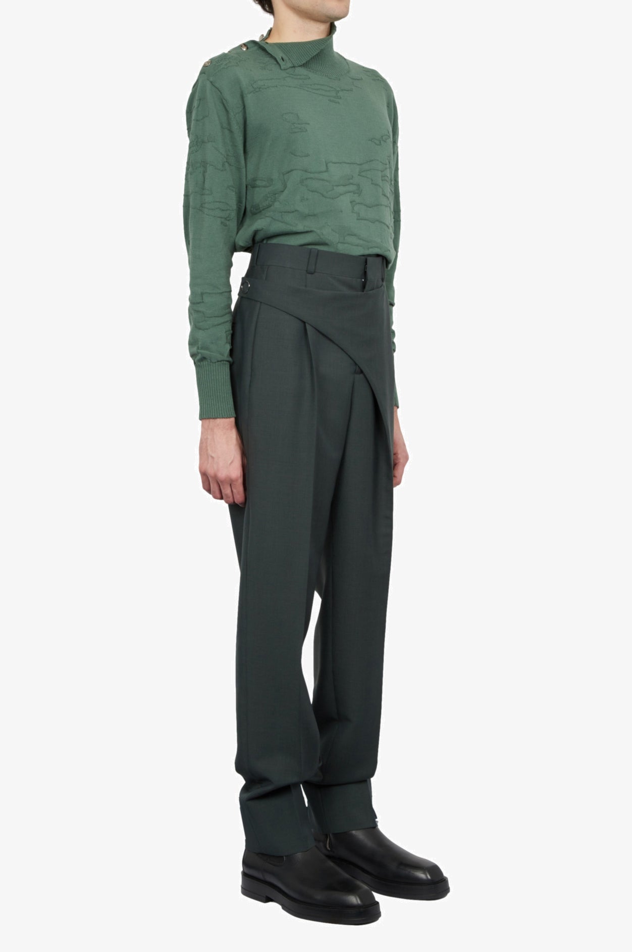 Wool Mohair Green Tailored Strap Belt Trousers