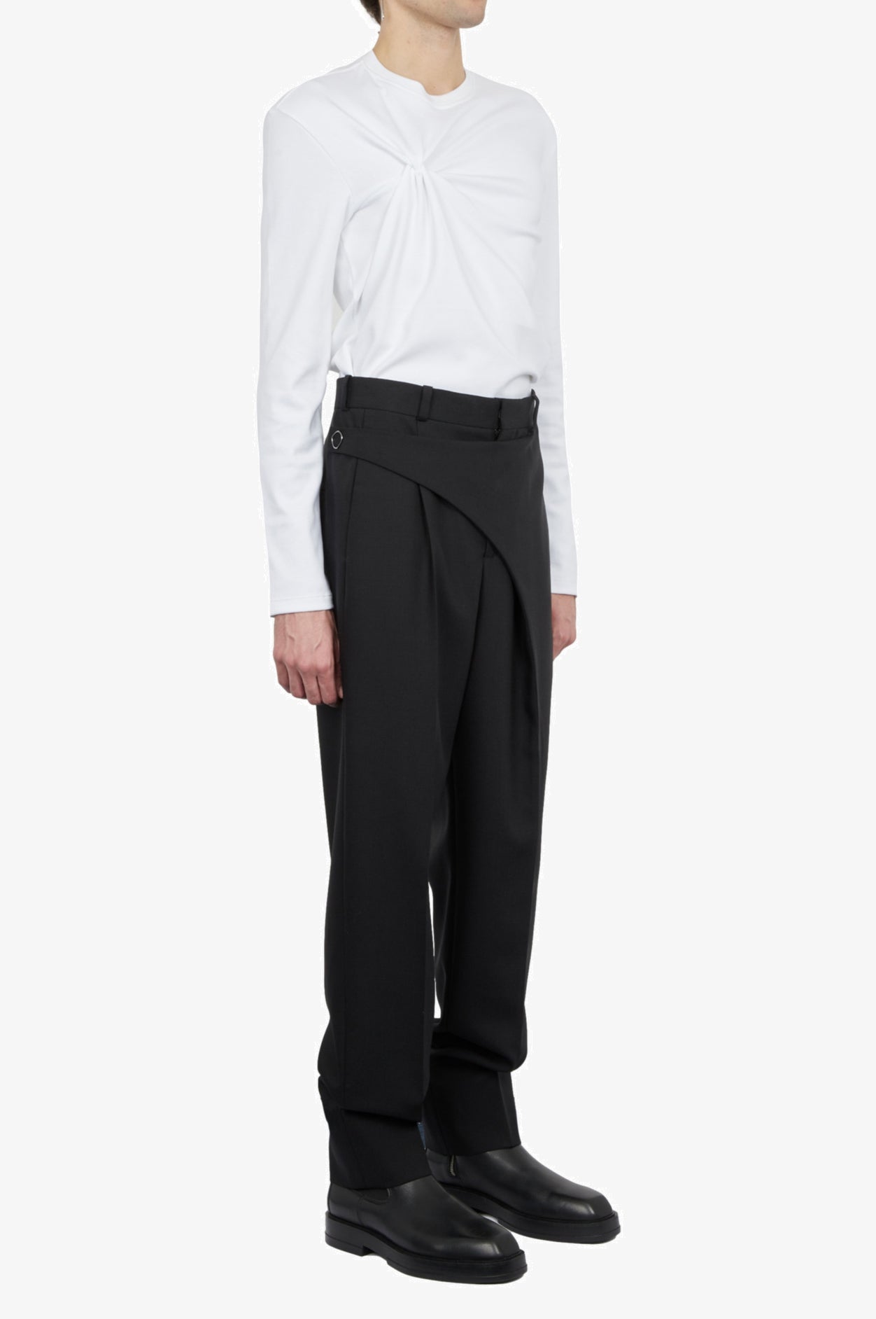 Wool Mohair Black Tailored Strap Belt Trousers