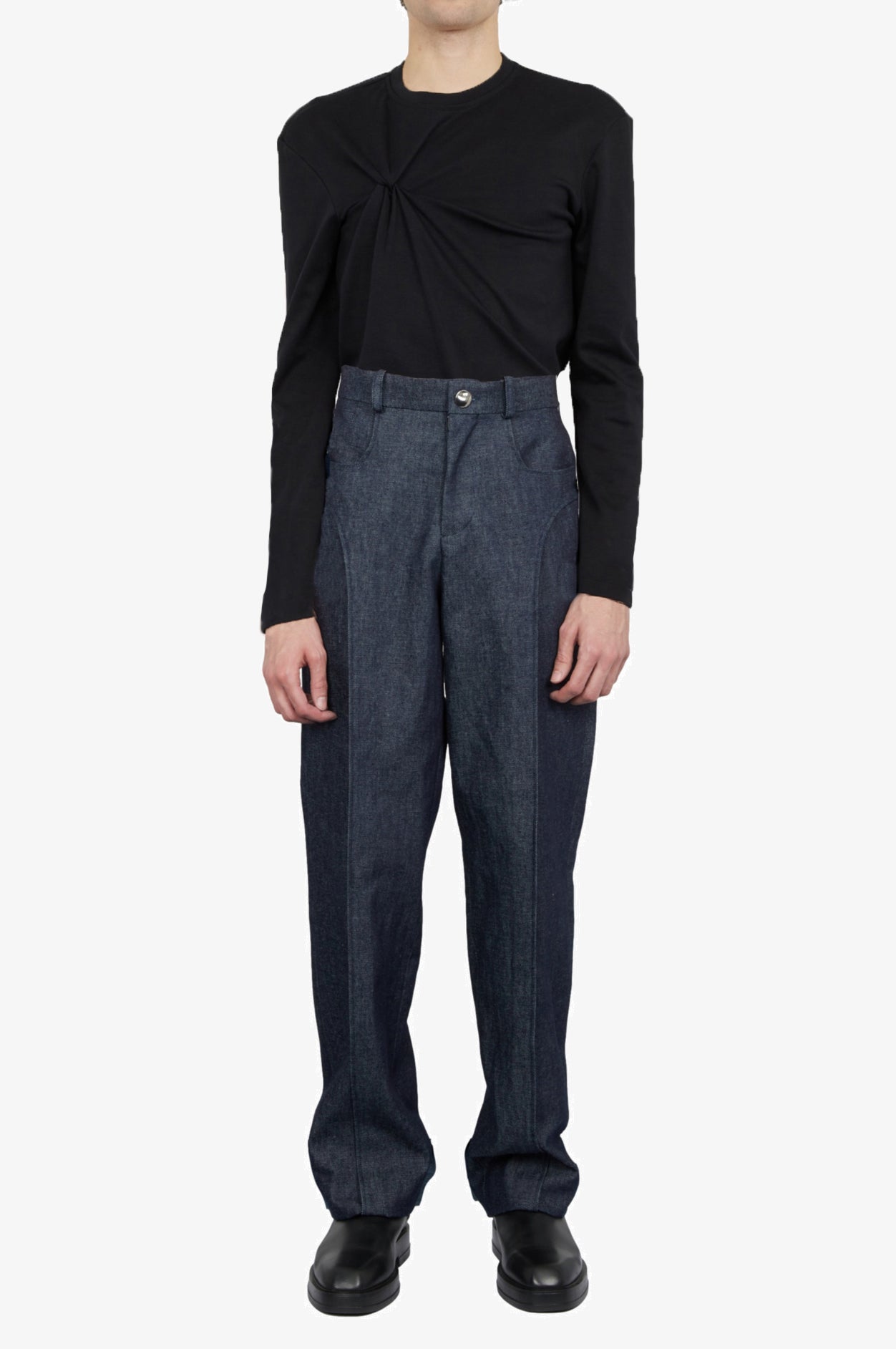 Pantalon en denim ajusté à plis latéraux en coton organique
