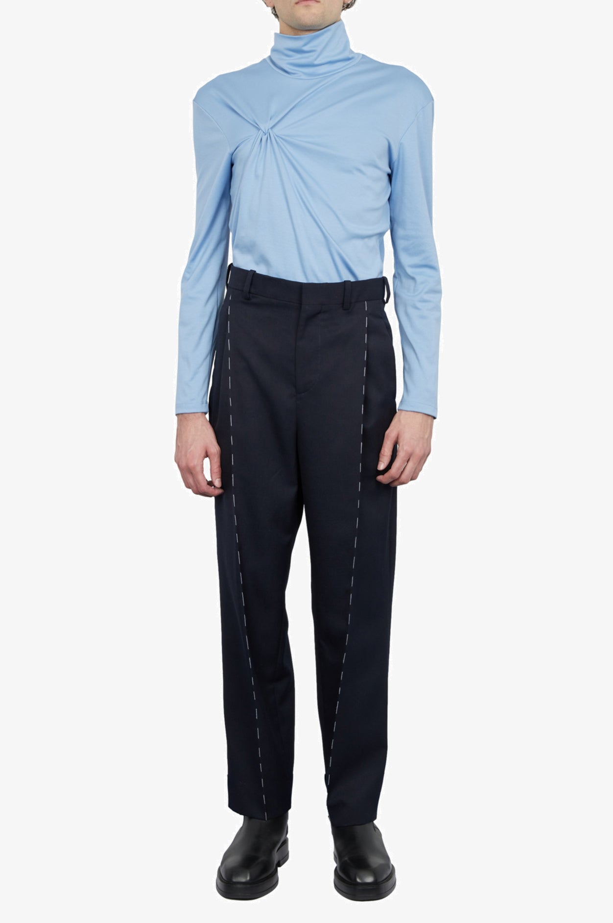 Wool Mohair Navy Tailored Single Pleat Trousers