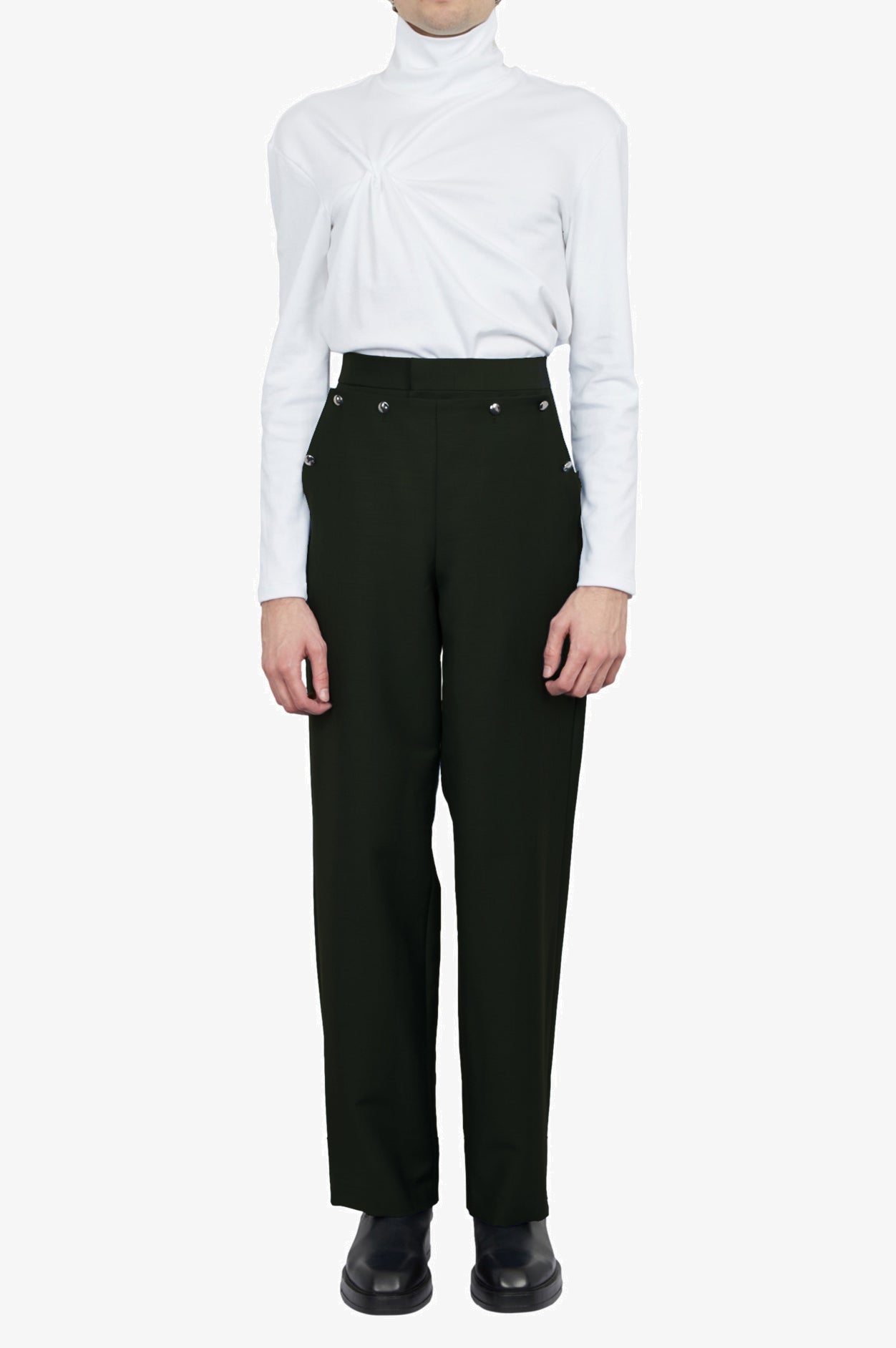 Wool Mohair Black Tailored Button Waist Trousers