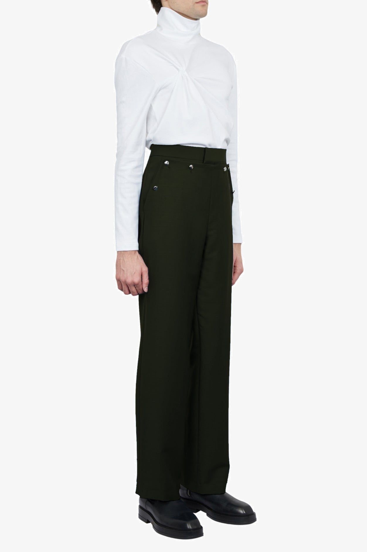 Wool Mohair Black Tailored Button Waist Trousers