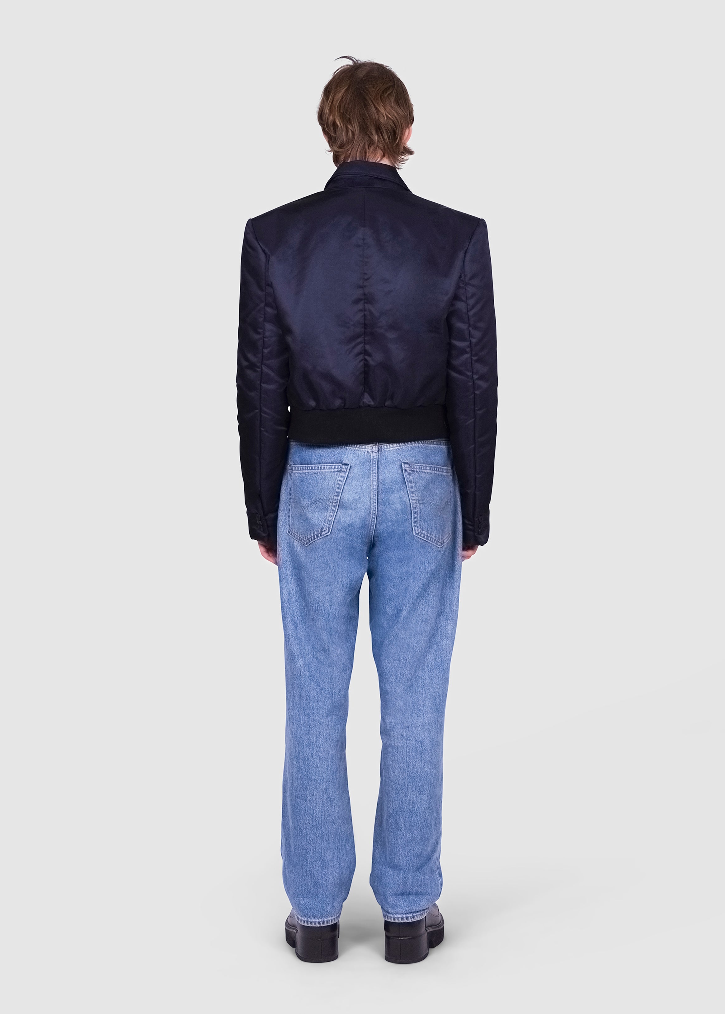 Navy Cropped Satin Bombers