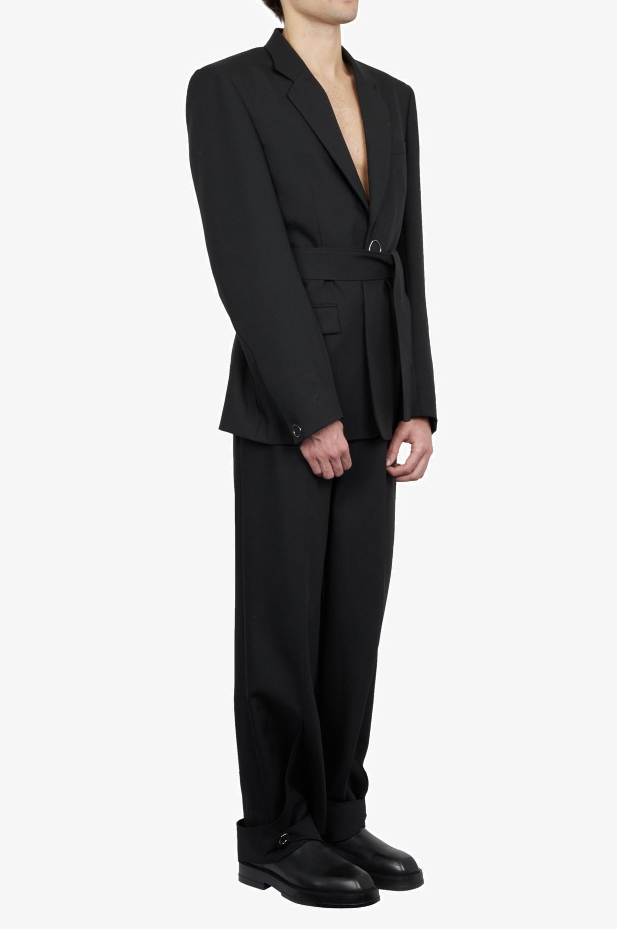 Veste de tailleur noire oversize avec ceinture en laine mohair
