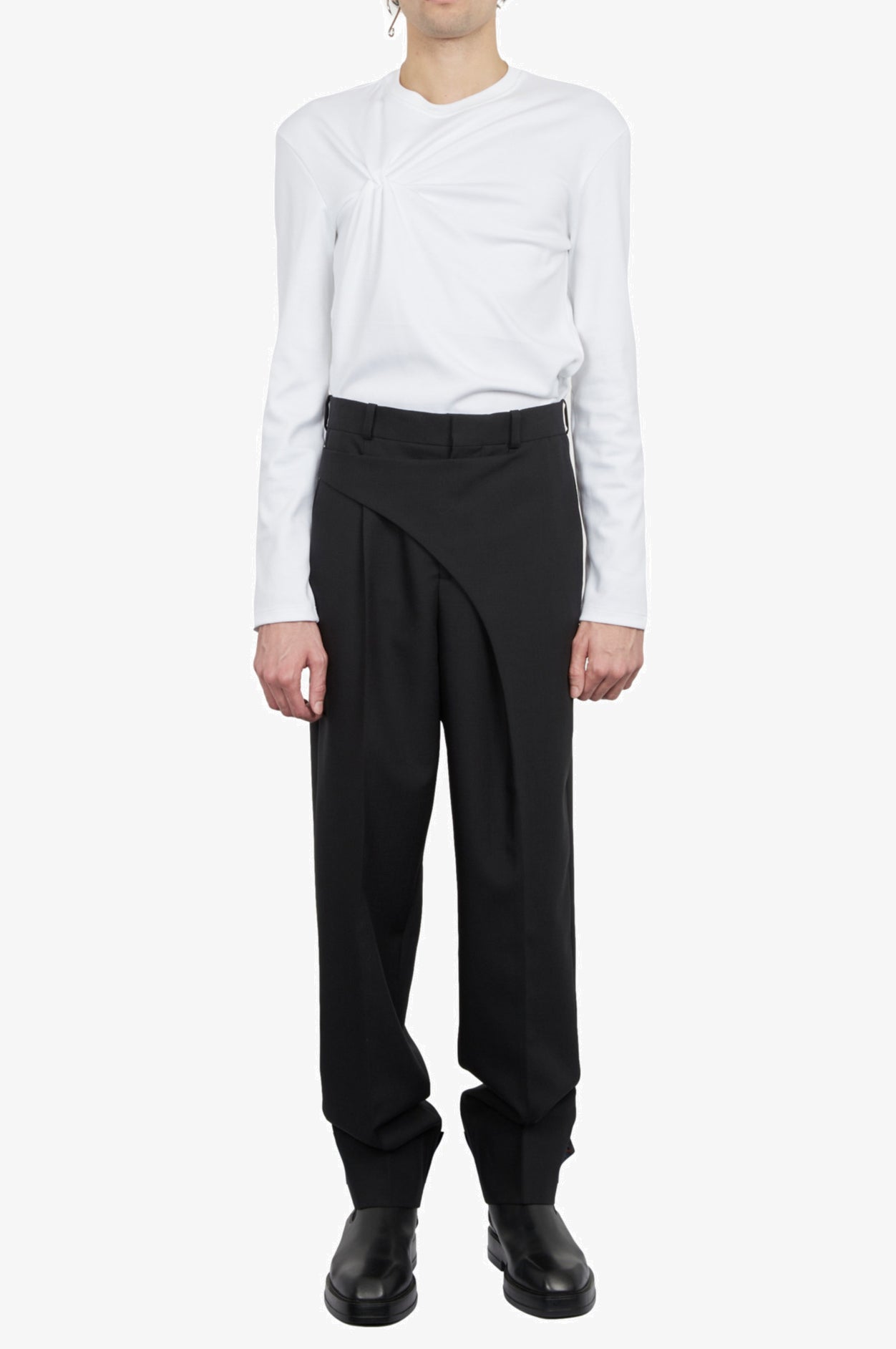 Pantalon de tailleur noir avec ceinture déporté en laine mohair