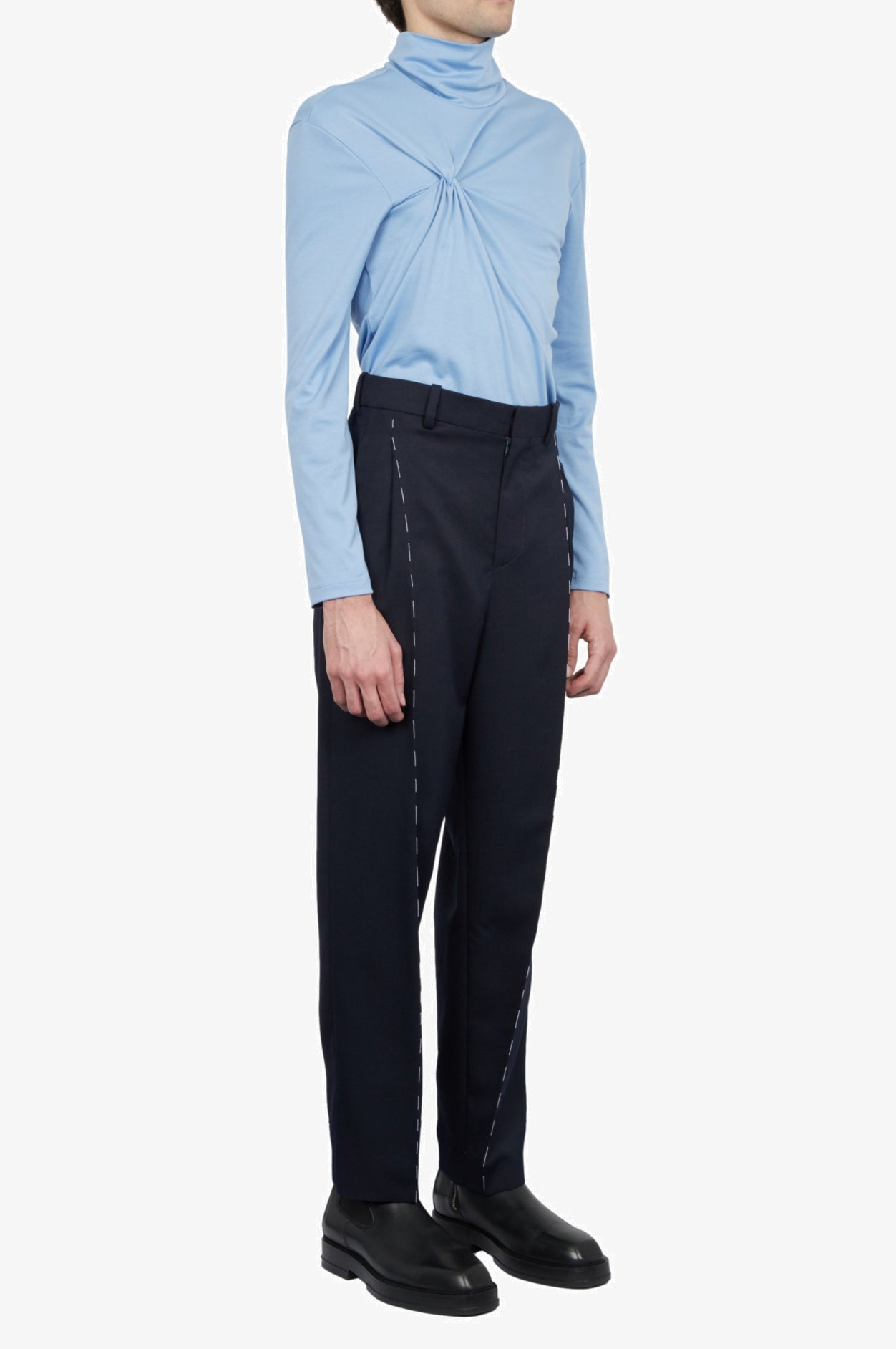 Wool Mohair Navy Tailored Single Pleat Trousers