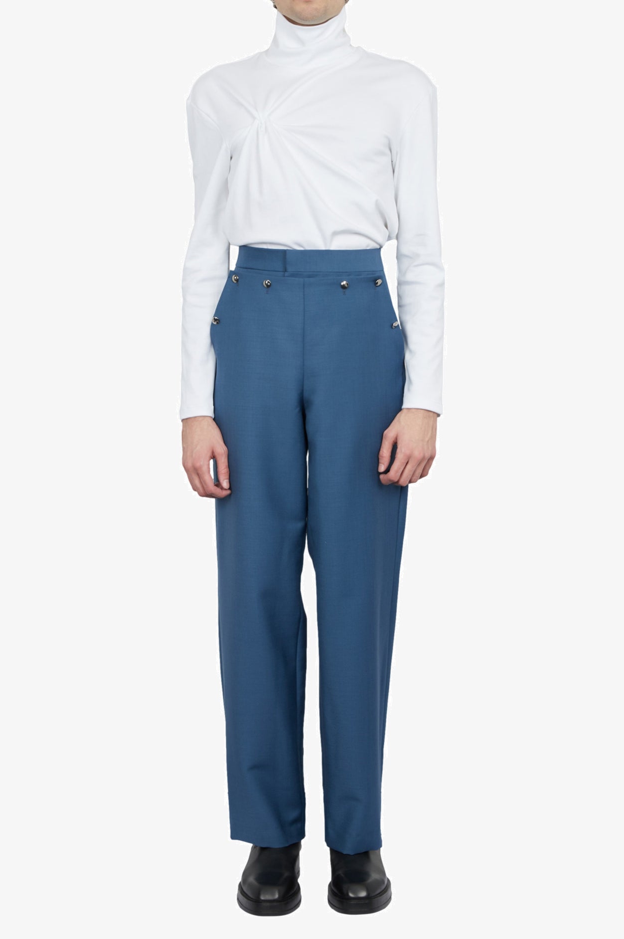 Pantalon ajusté à pont bleu plongé avec bouton à la taille en laine mohair