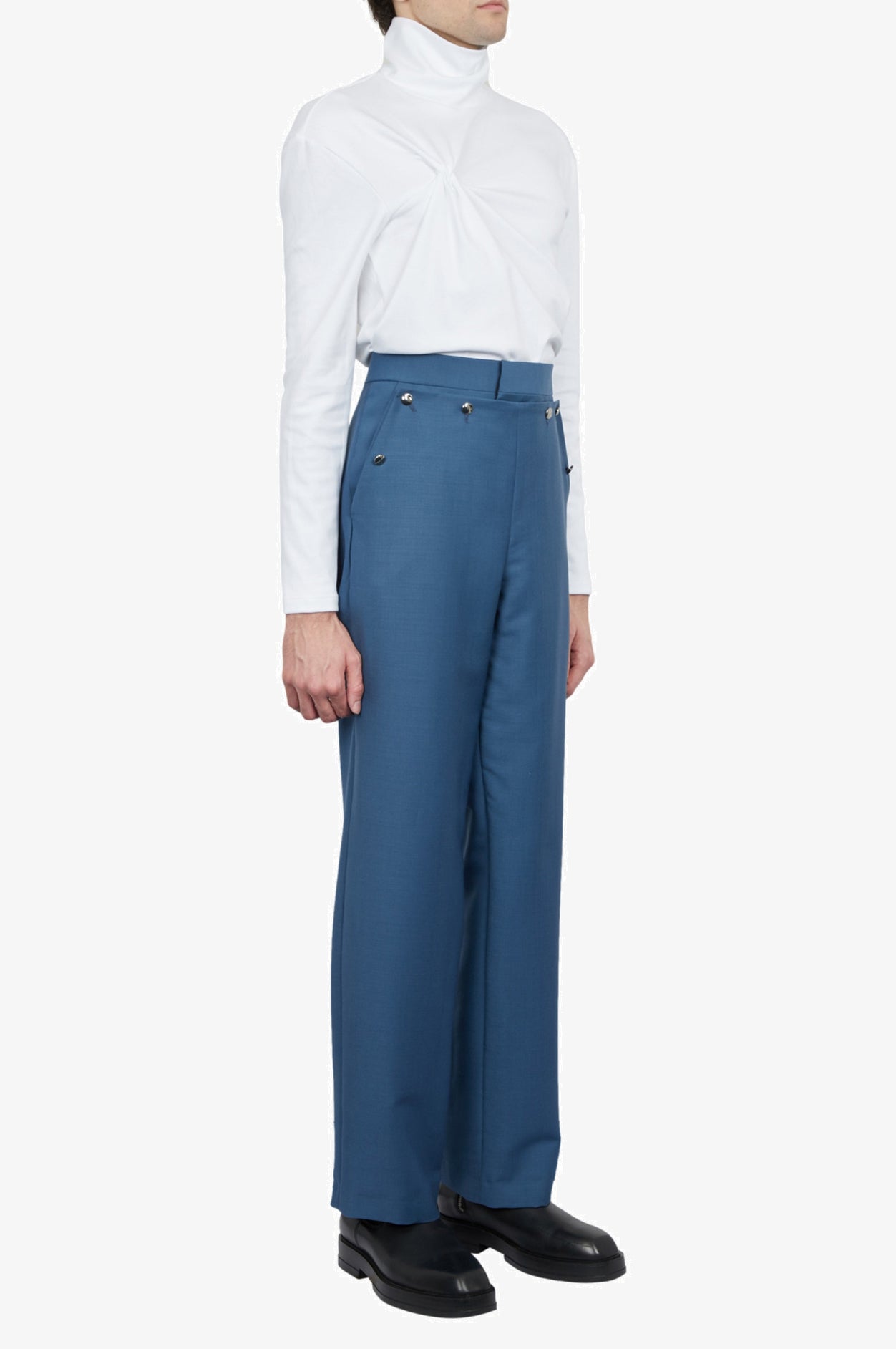 Wool Mohair Diving Blue Tailored Button Waist Trousers