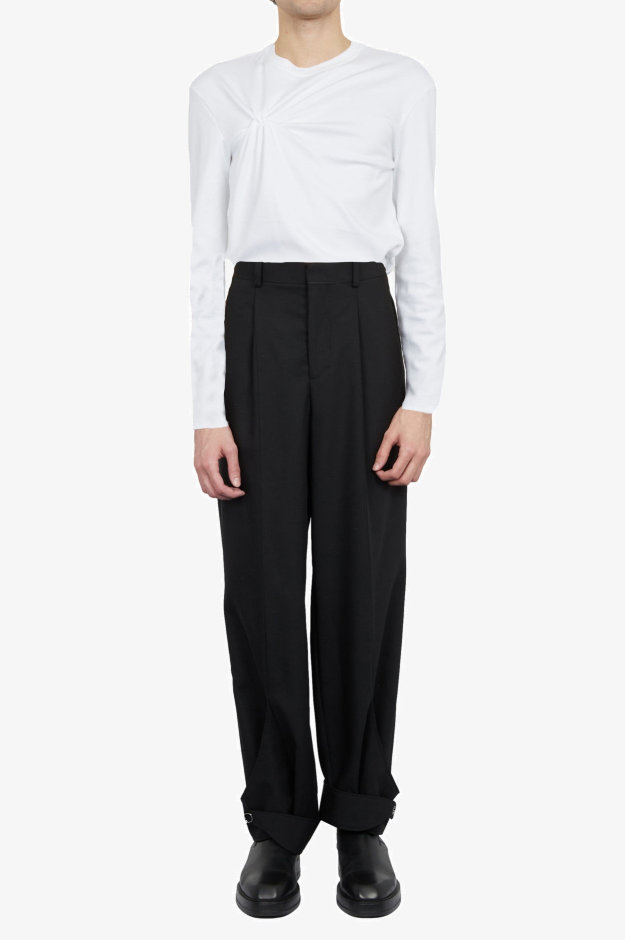 Wool Mohair Black Tailored Strap Ankle Trousers