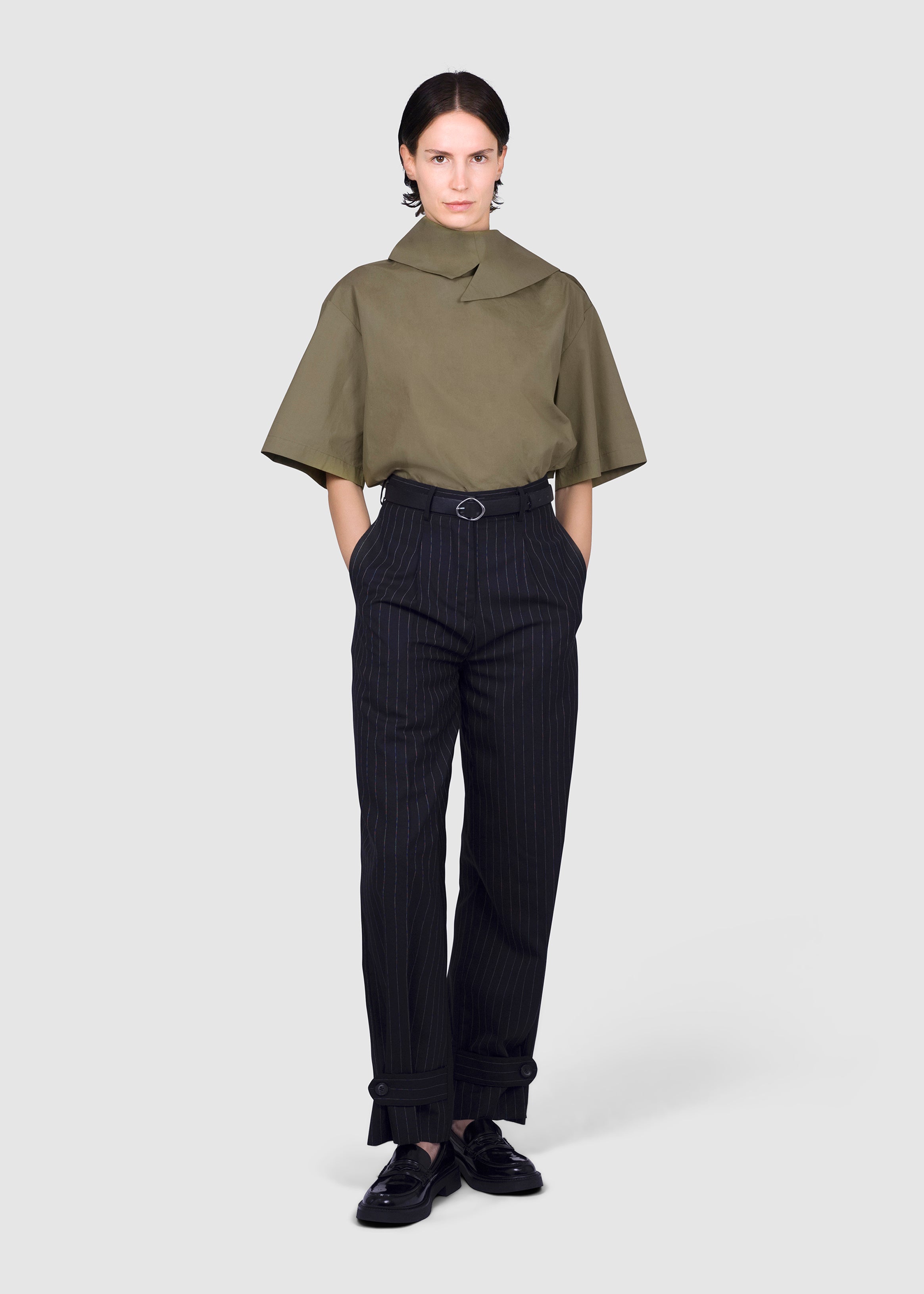 Steven Passaro Pin striped back tailored collar symmetrical trousers, front view