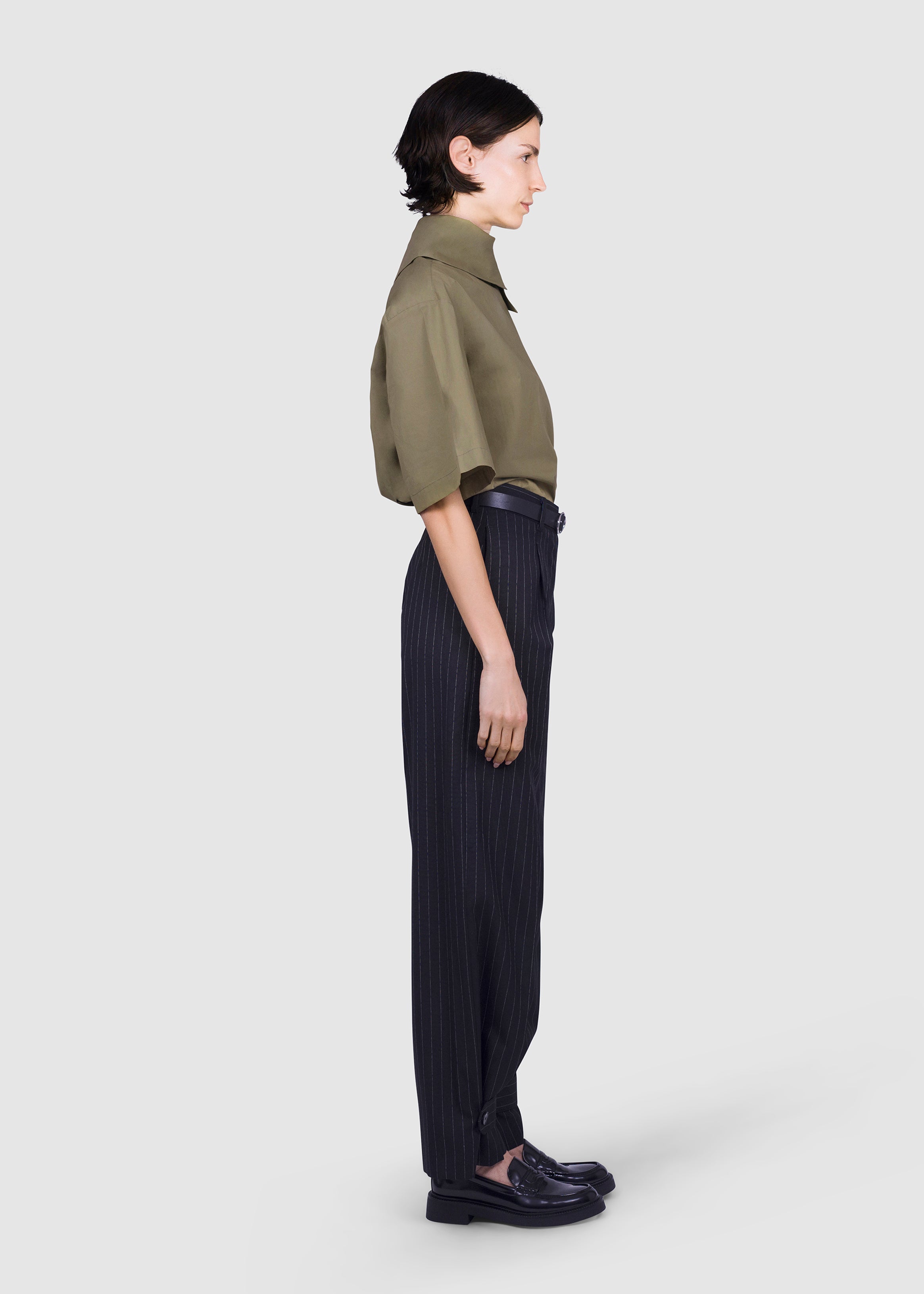 Steven Passaro Pin striped back tailored collar symmetrical trousers, back view