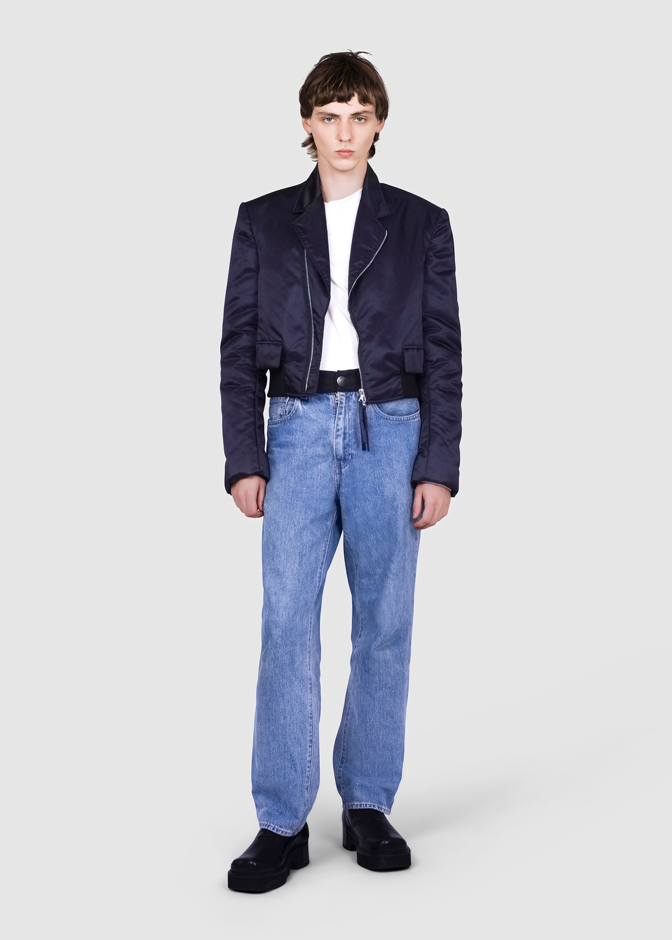 Navy Cropped Satin Bombers